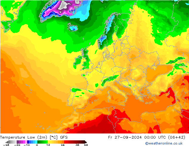 Temperature Low (2m) GFS Fr 27.09.2024 00 UTC