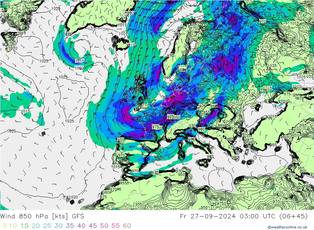 ветер 850 гПа GFS пт 27.09.2024 03 UTC