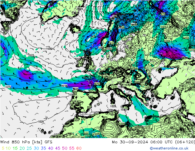 Rüzgar 850 hPa GFS Pzt 30.09.2024 06 UTC