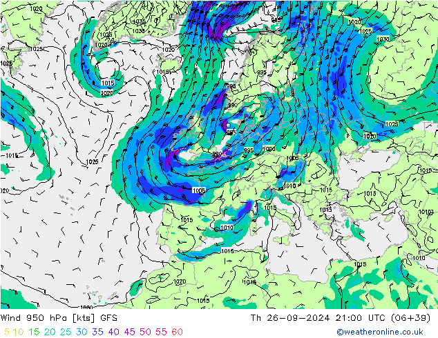 Wind 950 hPa GFS Th 26.09.2024 21 UTC