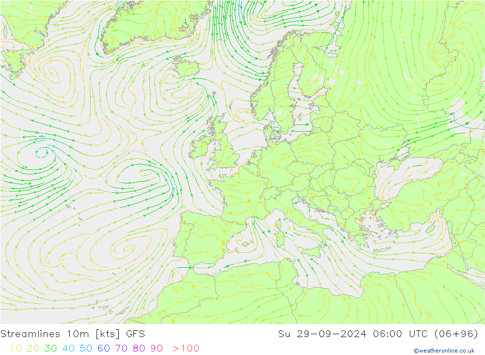 Linea di flusso 10m GFS dom 29.09.2024 06 UTC