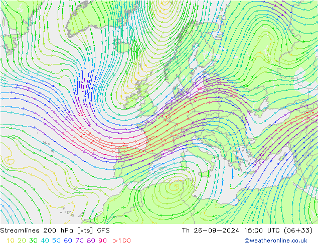 Linea di flusso 200 hPa GFS gio 26.09.2024 15 UTC