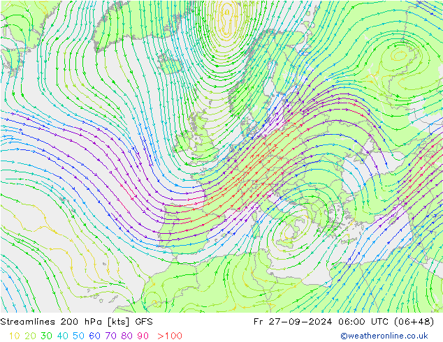 Stroomlijn 200 hPa GFS vr 27.09.2024 06 UTC