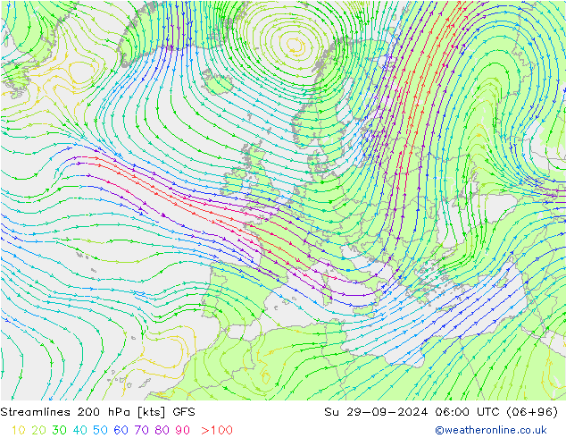 Ligne de courant 200 hPa GFS dim 29.09.2024 06 UTC