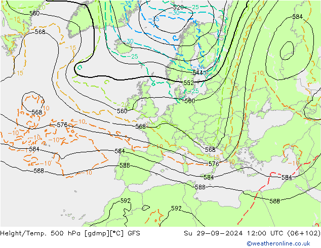 Z500/Yağmur (+YB)/Z850 GFS Paz 29.09.2024 12 UTC