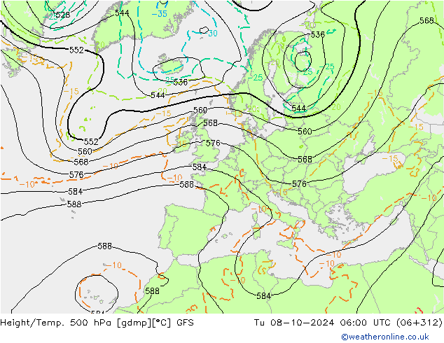 Z500/Rain (+SLP)/Z850 GFS Tu 08.10.2024 06 UTC