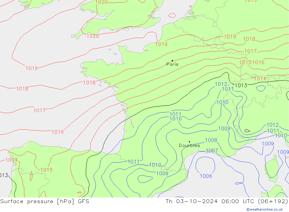 Atmosférický tlak GFS Čt 03.10.2024 06 UTC