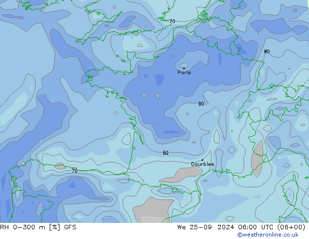 RH 0-300 m GFS ср 25.09.2024 06 UTC