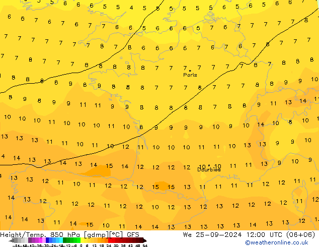 Géop./Temp. 850 hPa GFS mer 25.09.2024 12 UTC