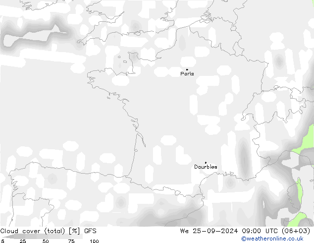 nuvens (total) GFS Qua 25.09.2024 09 UTC