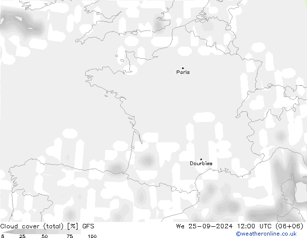 Nuages (total) GFS mer 25.09.2024 12 UTC