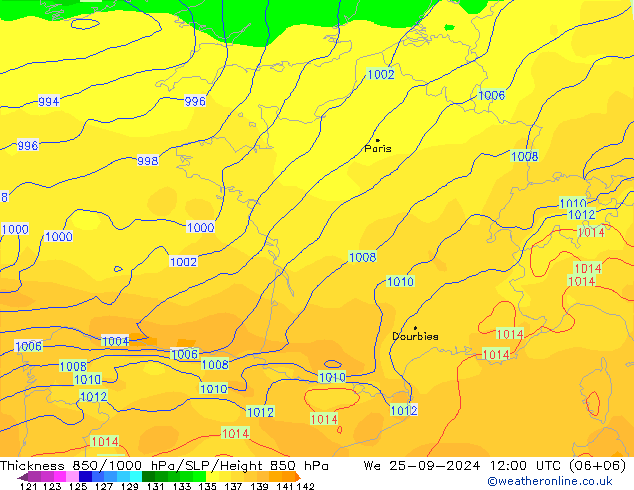 Espesor 850-1000 hPa GFS mié 25.09.2024 12 UTC