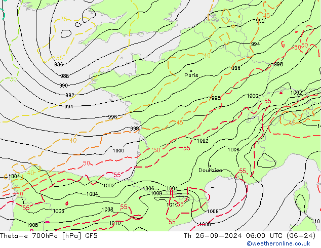 Theta-e 700hPa GFS jeu 26.09.2024 06 UTC