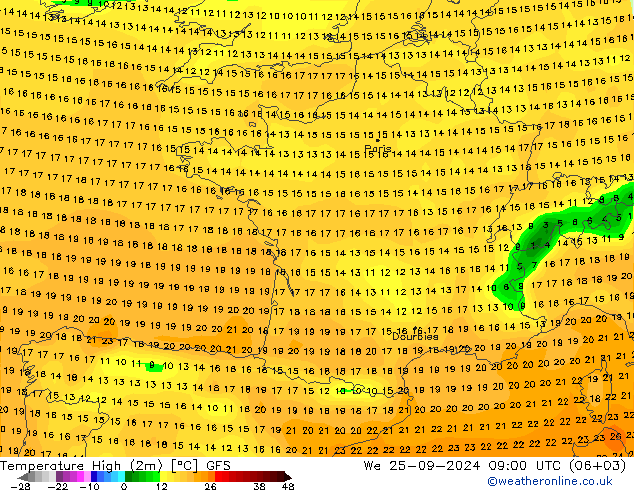 Temperature High (2m) GFS We 25.09.2024 09 UTC