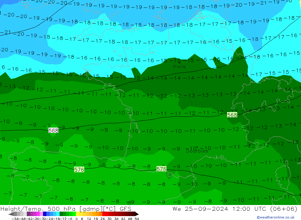 Height/Temp. 500 hPa GFS śro. 25.09.2024 12 UTC