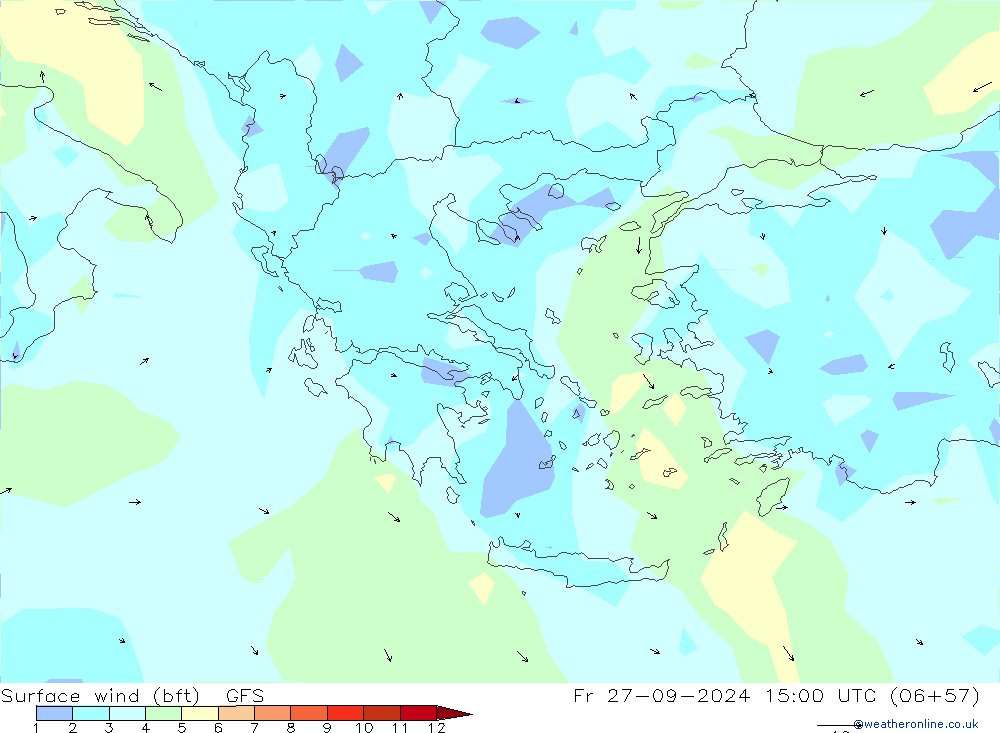 Wind 10 m (bft) GFS vr 27.09.2024 15 UTC