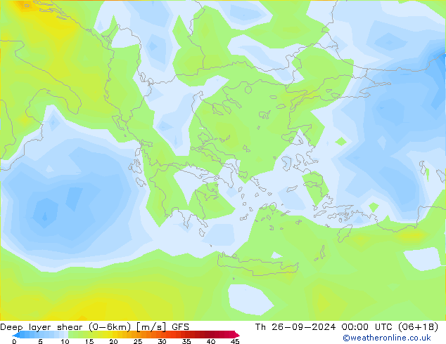 Deep layer shear (0-6km) GFS Qui 26.09.2024 00 UTC