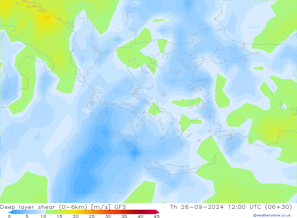 Deep layer shear (0-6km) GFS чт 26.09.2024 12 UTC