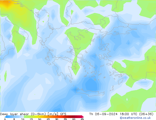 Deep layer shear (0-6km) GFS Th 26.09.2024 18 UTC