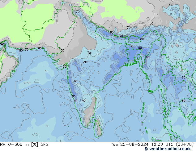 RH 0-300 m GFS  25.09.2024 12 UTC