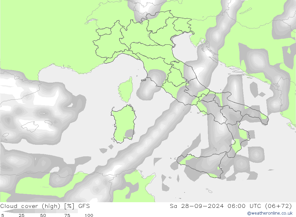 Cloud cover (high) GFS Sa 28.09.2024 06 UTC