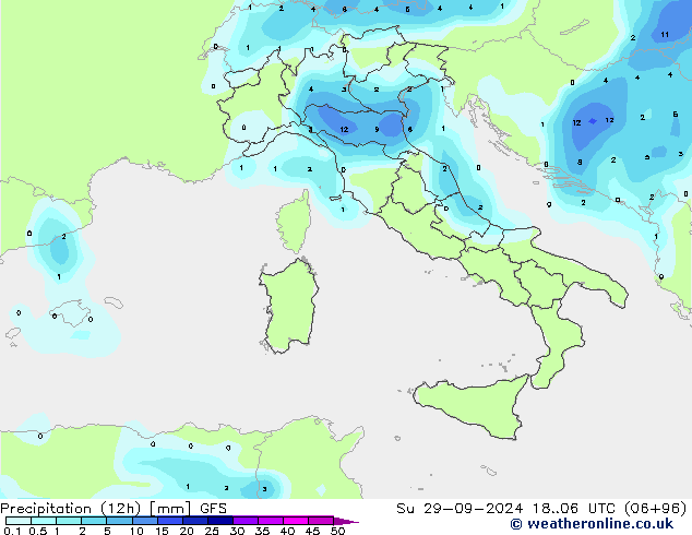 Precipitation (12h) GFS Su 29.09.2024 06 UTC