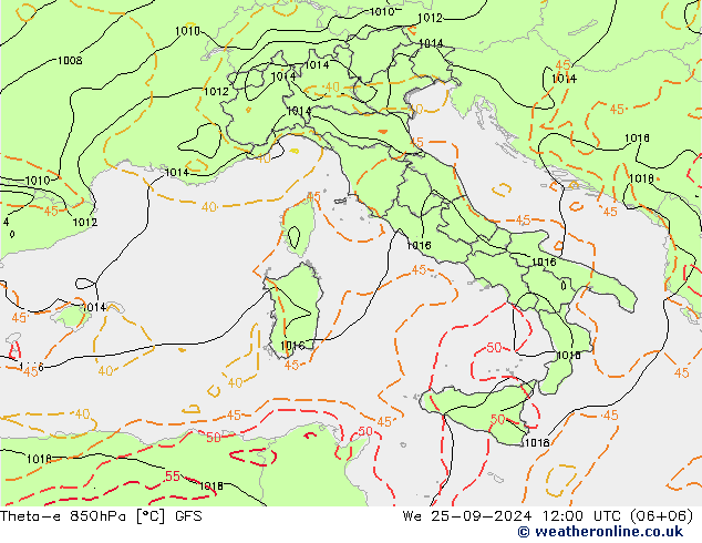 Theta-e 850hPa GFS Çar 25.09.2024 12 UTC