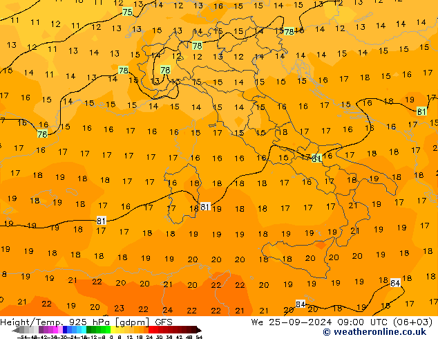 Height/Temp. 925 hPa GFS We 25.09.2024 09 UTC