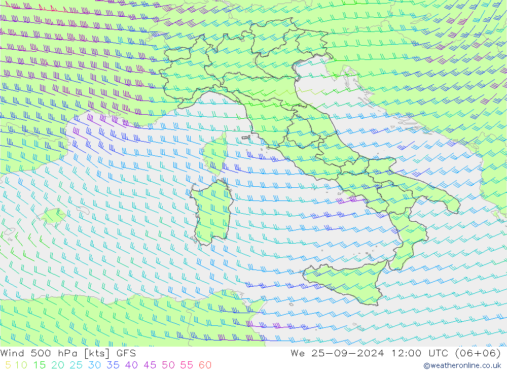 Vento 500 hPa GFS mer 25.09.2024 12 UTC