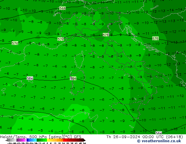 Z500/Rain (+SLP)/Z850 GFS gio 26.09.2024 00 UTC