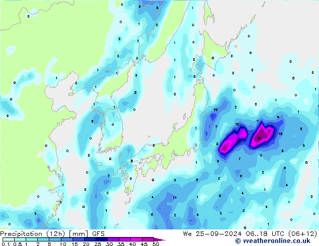 Precipitation (12h) GFS We 25.09.2024 18 UTC