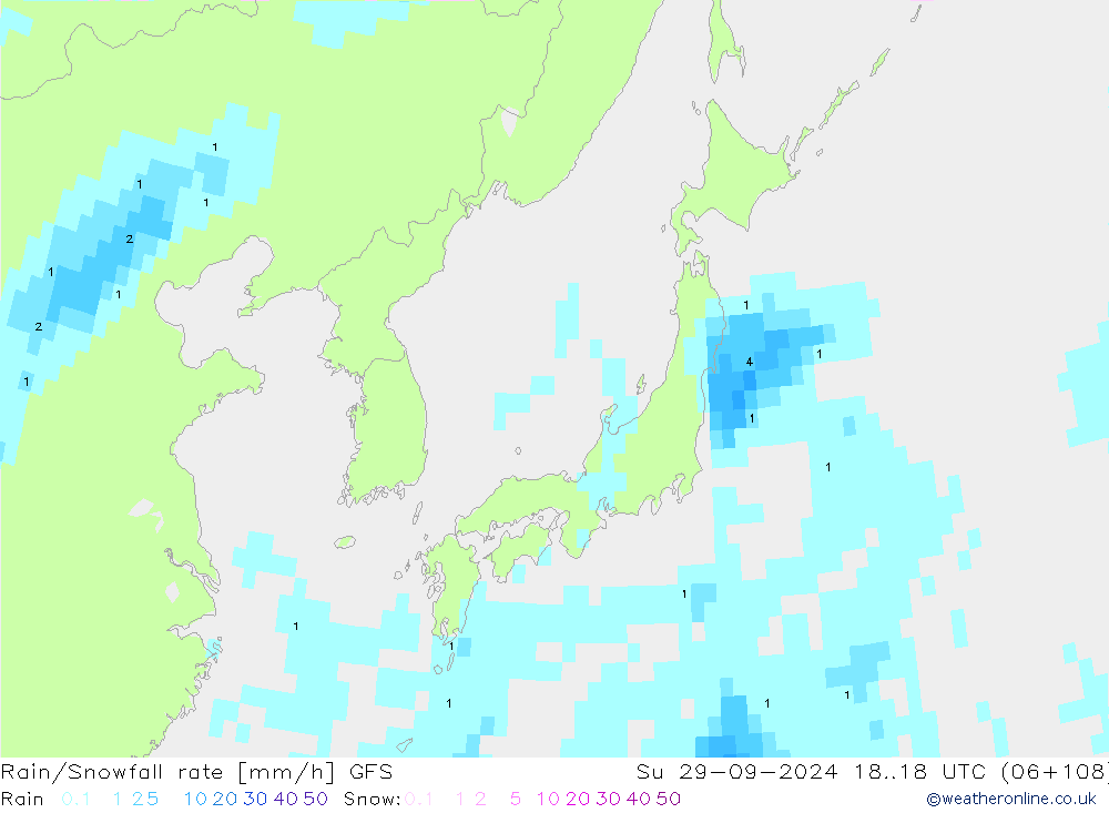 Rain/Snowfall rate GFS Su 29.09.2024 18 UTC