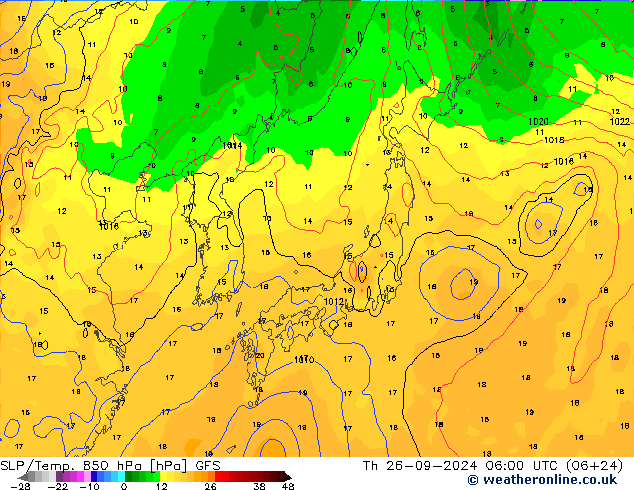 SLP/Temp. 850 hPa GFS czw. 26.09.2024 06 UTC