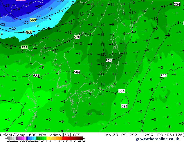 Z500/Rain (+SLP)/Z850 GFS lun 30.09.2024 12 UTC