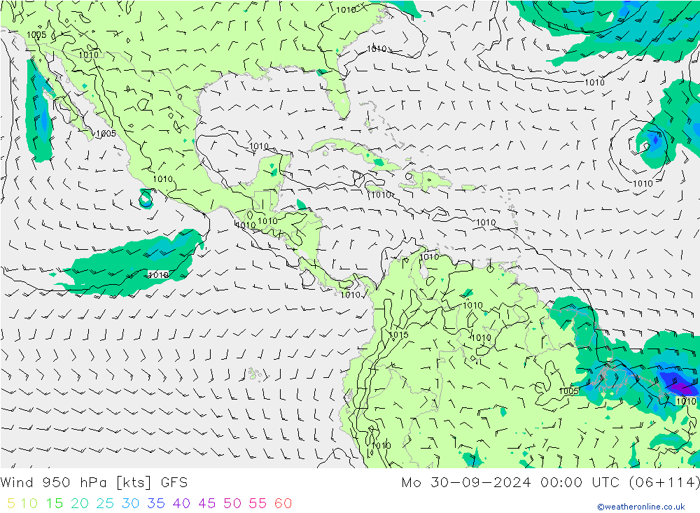 Wind 950 hPa GFS Mo 30.09.2024 00 UTC