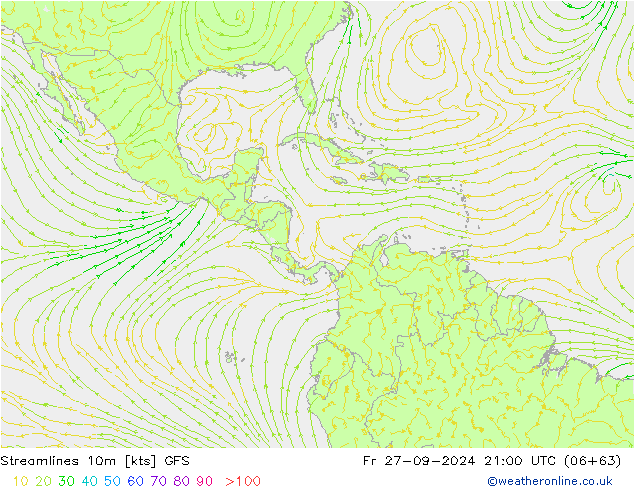 Linea di flusso 10m GFS ven 27.09.2024 21 UTC