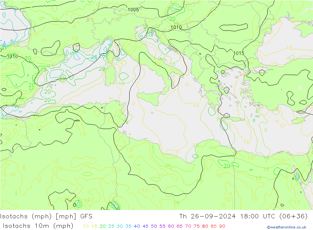 Isotachs (mph) GFS Th 26.09.2024 18 UTC