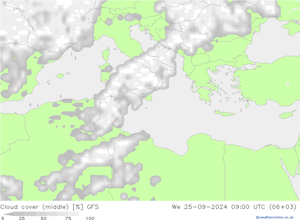 облака (средний) GFS ср 25.09.2024 09 UTC