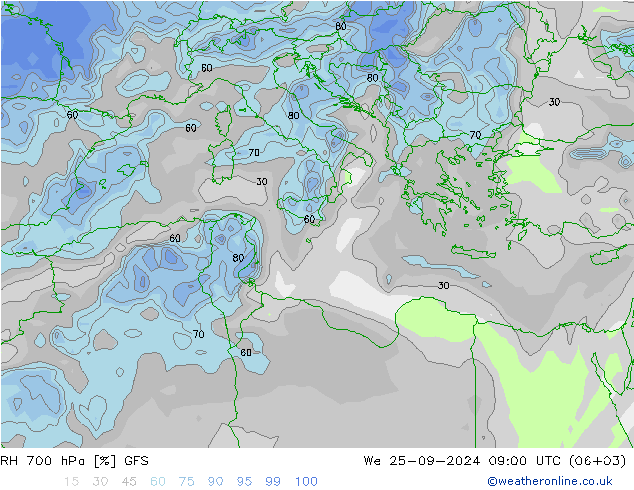 RH 700 hPa GFS We 25.09.2024 09 UTC