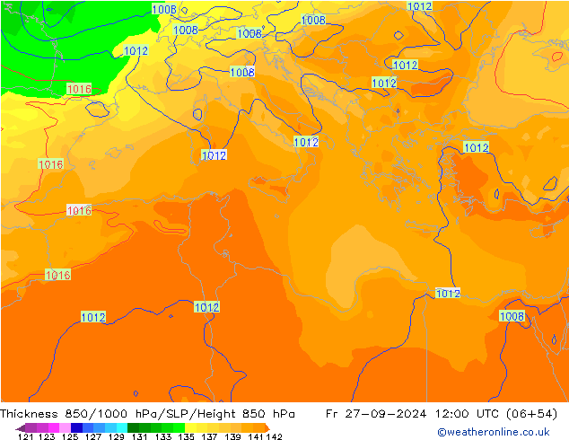 Thck 850-1000 hPa GFS ven 27.09.2024 12 UTC