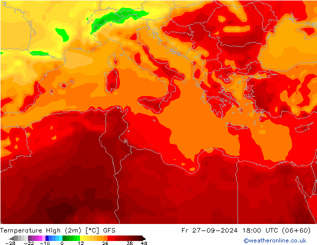 Temp. massima (2m) GFS ven 27.09.2024 18 UTC