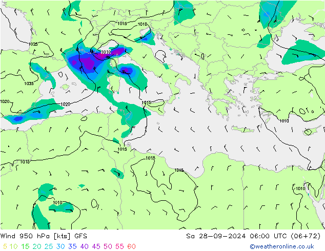 Wind 950 hPa GFS za 28.09.2024 06 UTC