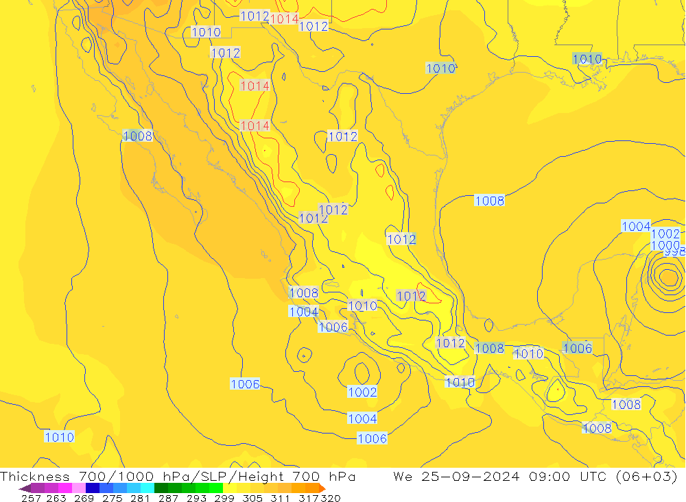 Thck 700-1000 hPa GFS śro. 25.09.2024 09 UTC