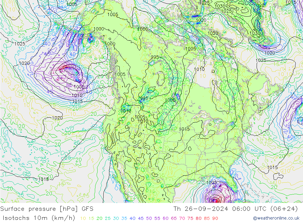 Isotachs (kph) GFS jeu 26.09.2024 06 UTC