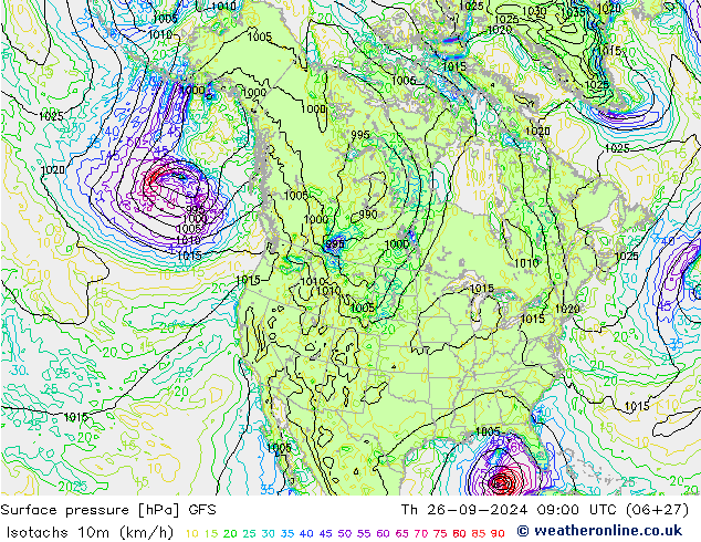 Isotachs (kph) GFS Qui 26.09.2024 09 UTC