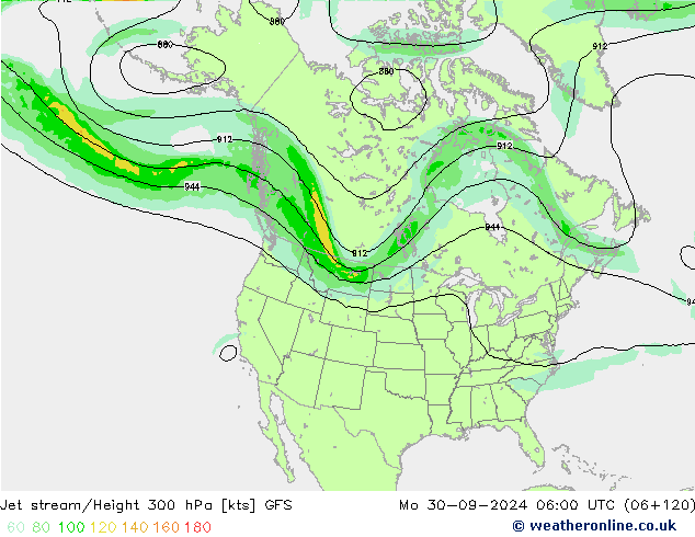 Jet stream/Height 300 hPa GFS Mo 30.09.2024 06 UTC