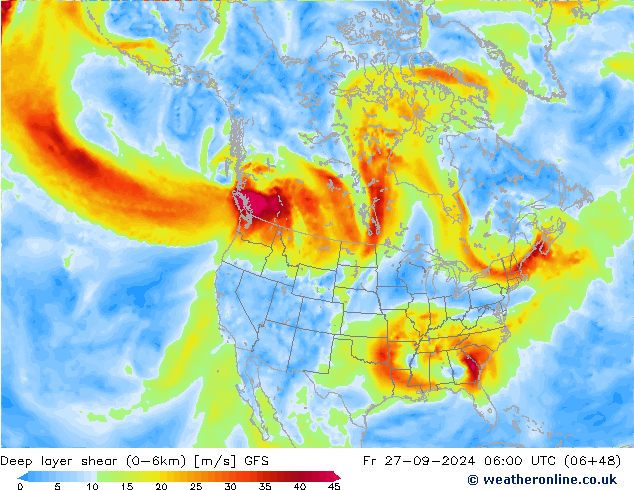 Deep layer shear (0-6km) GFS Fr 27.09.2024 06 UTC