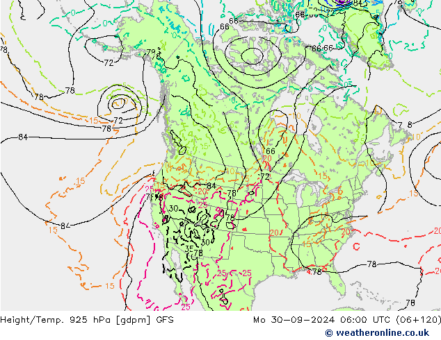 Geop./Temp. 925 hPa GFS lun 30.09.2024 06 UTC