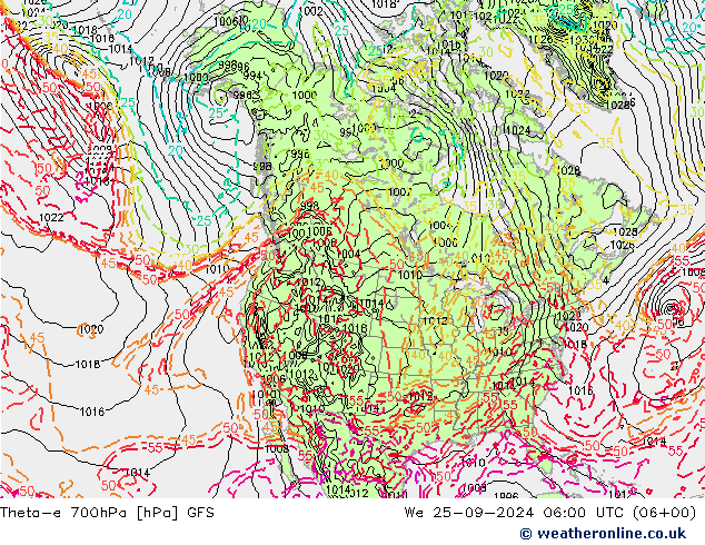 Theta-e 700hPa GFS wo 25.09.2024 06 UTC