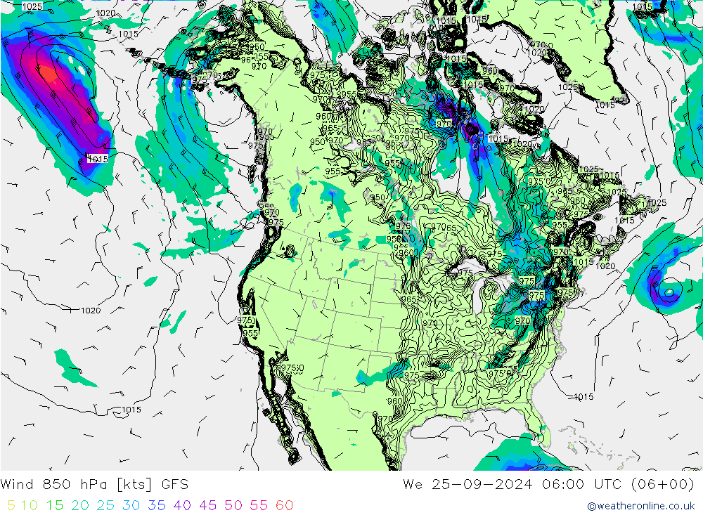 Rüzgar 850 hPa GFS Çar 25.09.2024 06 UTC